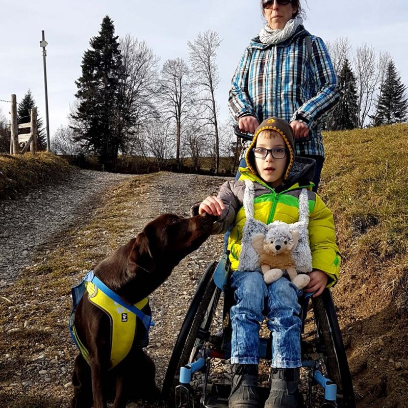 Jakub und Assistenzhund Wookiee, Jakub wird in einem Rollstuhl geschoben
